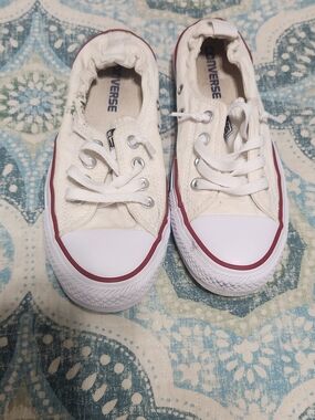 Converse Kids Low Top Canvas Sneakers in White with Red Trim